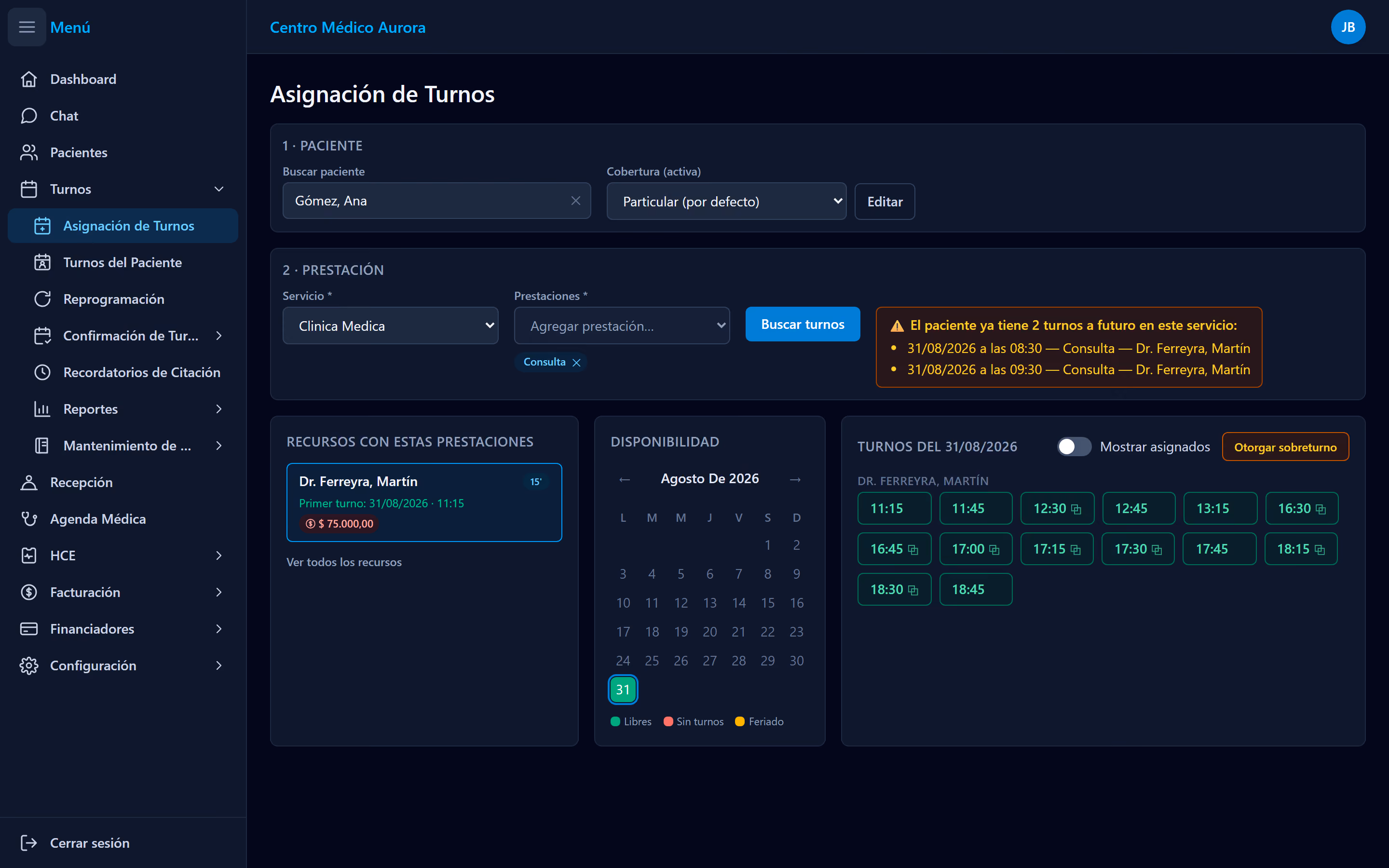 Pantalla de asignación de turnos, con la búsqueda de disponibilidad y los horarios libres de cada profesional